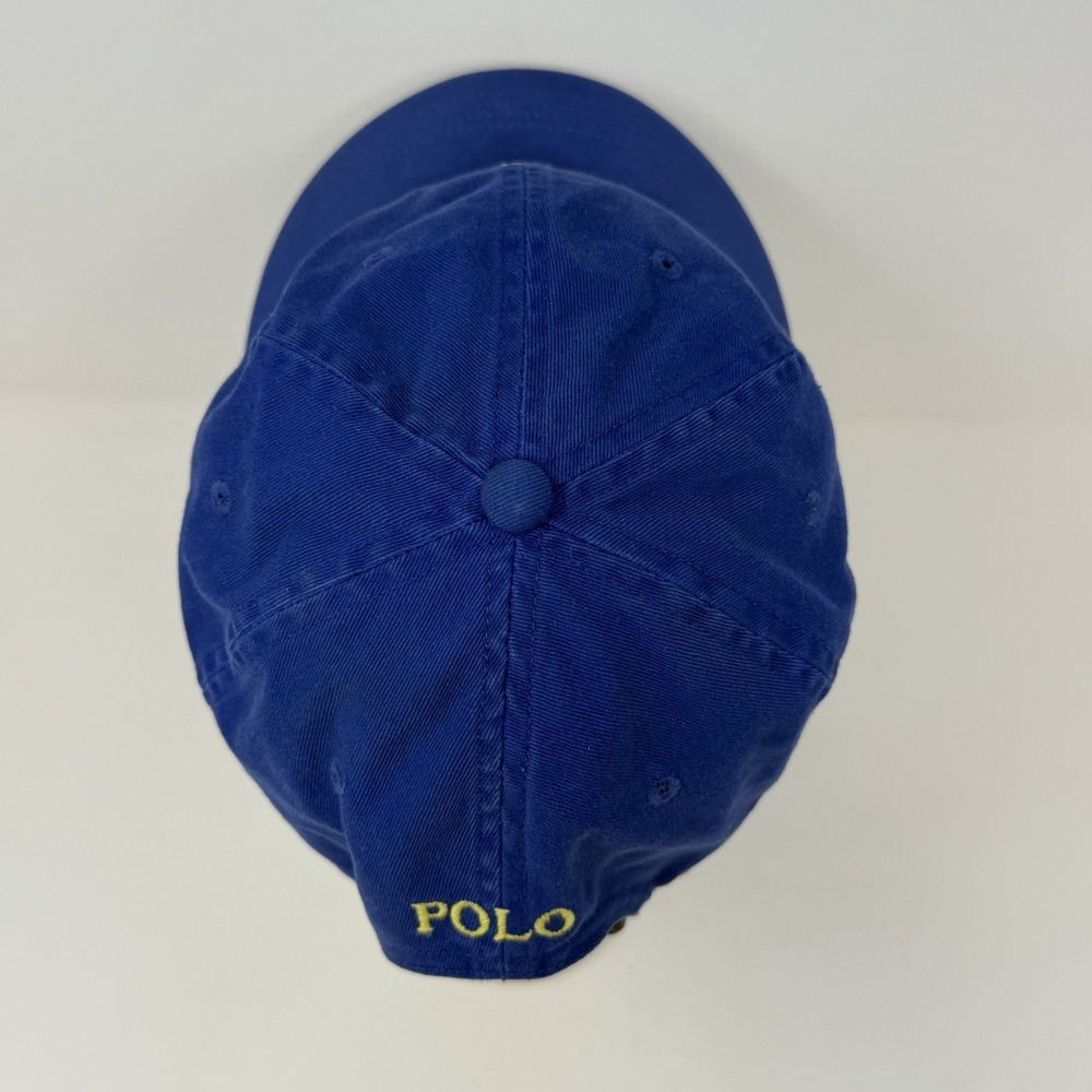 Vintage Polo Ralph Lauren Hat Cap Leather Strap Back Cotton Dad Blue Yellow Pony - Picture 6 of 10